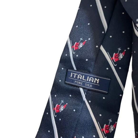 Italian pure silk mens holiday tie santa skiing blue red white silk 3" wide 56" - Picture 5 of 5